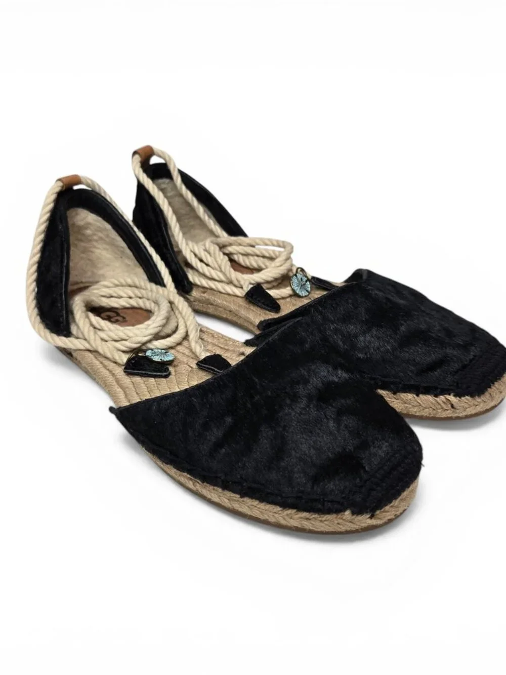 UGG‎ Libbi Calf Hair Espadrille Sandals Women Black Spanish Ankle Wrap Summer 7